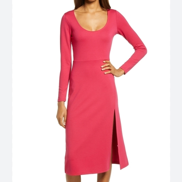 Leith NWT Women's Small Fuchsia Pink Long Sleeve Midi Dress Side Slit Nordstrom - Picture 1 of 9